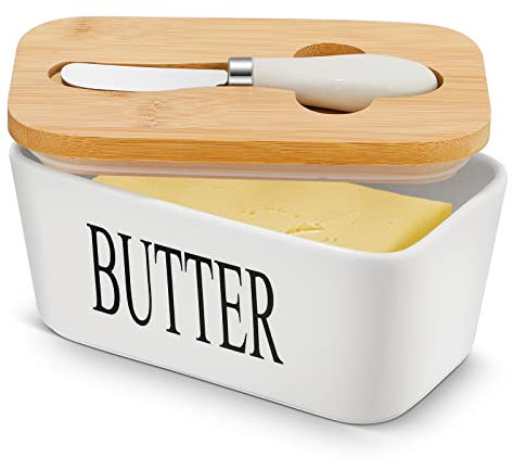 Large Butter Dish with Lid and Knife, European Size Porcelain Butter Container with Double Silicone Seals, Ceramic Butter Box, Perfect for Butter, Nuts, Cheese, 650ml,15 x 9 x 7 cm (White)