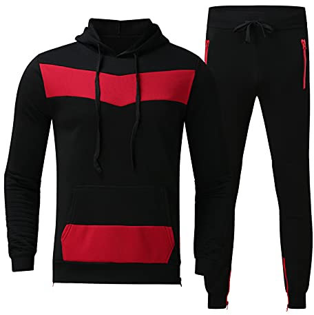 Xmiral 2-teilige Herren Herbst Set mit Kapuziner-Patchwork-Langarm-Top Long Hosen Set Gürtel