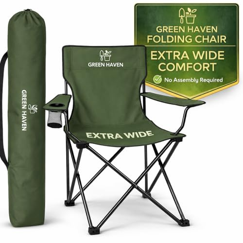 Green Haven Folding Camping Chair with Cup Holder & Carry Bag – Lightweight Portable Outdoor Chair, Heavy Duty Steel Frame, Padded Headrest, Wide Seat for Camping, Festival, Garden, Fishing