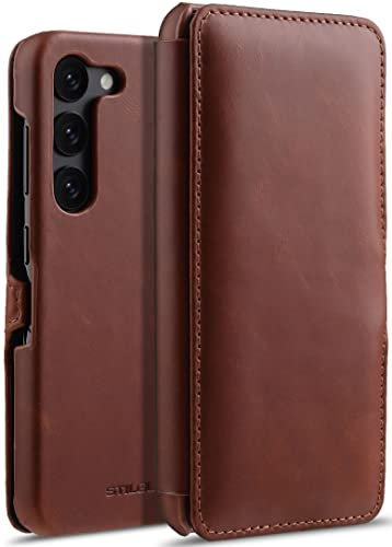 STILGUT Book Case kompatibel mit Samsung Galaxy S23 Hülle aus Leder mit Clip-Verschluss, Lederhülle, Klapphülle, Handyhülle - Cognac
