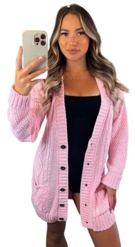 Crazy Fashion Women’s Long Sleeve Grandad Open Front Button Top Chunky Aran Cable Knitted Cardigan Ladies Sweater Winter Jumper Baby Pink 16-18