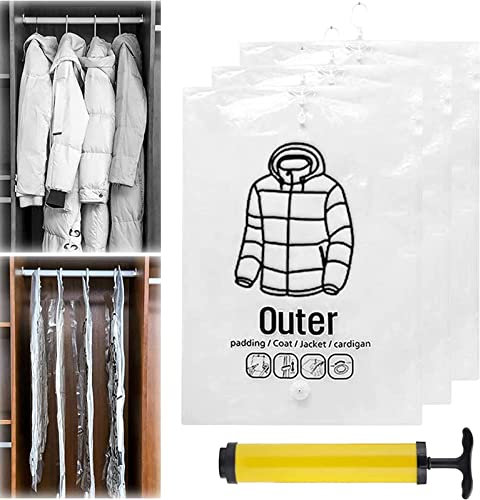 Eivdru Sacchetti sottovuoto appesi per Vestiti, salvaspazio, Riutilizzabile, Borsa sottovuoto per Cappotto, da Appendere per Armadio, Giacche, Vestiti, Viene Fornito con Pompa ad Aria (3 Pezzi,M)