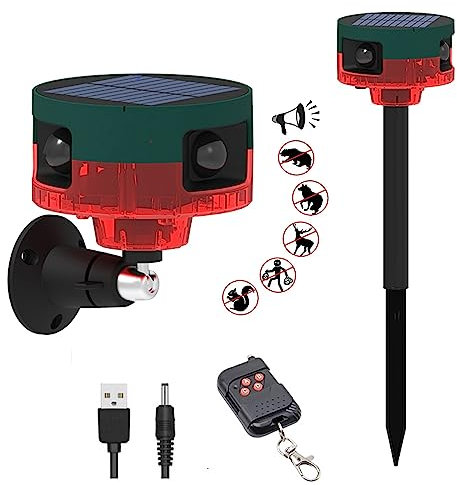 HULPPRE Solar Outdoor Motion Sensor Alarm-Dog Barking&Gunshot Sound ,Support Recording,130db Loud Noise Maker,13 Kinds of Sound Strobe Light with USB,Say Goodbye to The Intruders