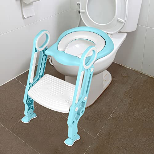 Siège de Toilette pour Enfants, Toilette Pot WC Bebe Enfant, Toillet Escalier Pliable, Réducteurs Wc Enfant avec Marche, Escalier de Toilettes pour Enfants Réglable en Hauteur (Blanc-Bleu clair)