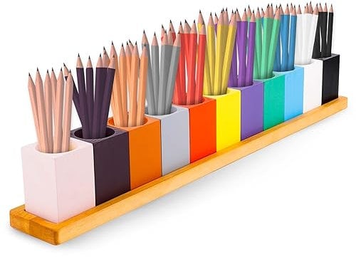 NQEUEPN Wooden Colored Pencil Holder, Montessori Pen Pot Wooden Pen Holder Desk Organizer Marker Storage Organizer for Classroom 11 Cups on a Stand, Pencil Crayons Not Included