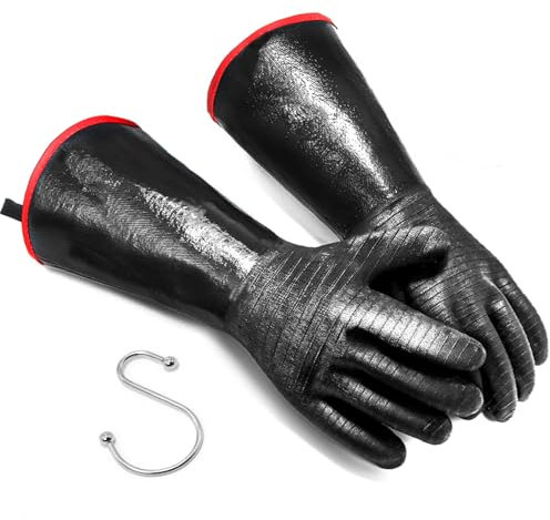 JENPOS Guanti da barbecue resistenti al calore a °C con gancio a S, guanti da cucina da 35,6 cm, impermeabili, resistenti all'olio, guanti da cucina per friggitrice/cottura/forno/affumicatore/ignifugo