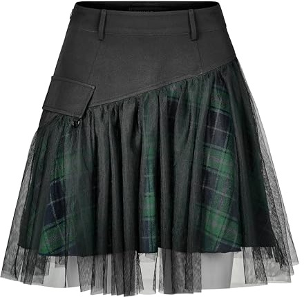 PUNK RAVE DAILY Damen Gothic Röcke Frauen Goth Mini Plaid Rock mit Tüll Punk Dunk Hohe Taille A-Linie Party Rock, Grün , Klein