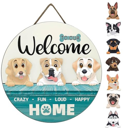 Corlidea Rustikales Willkommensschild, 30 cm x 30 cm x 1 cm, mit 10 austauschbaren Hunden, für Haustür, Fenster, Zaun, Dekoration