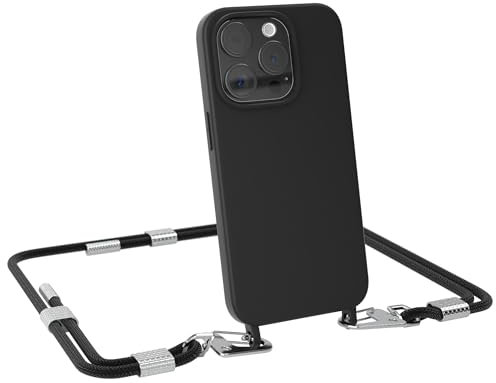 EAZY CASE - Handykette mit Karabiner kompatibel mit iPhone 15 Pro - Hülle Silikon Fallschutz Handyhülle für iPhone 15 Pro Kette zum Umhängen Schutzhülle mit Mikrofaser in Schwarz - Clips Gold