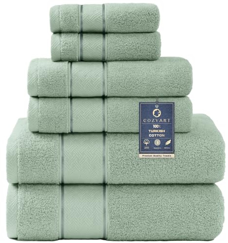 COZYART Salbeigrünes Badetuch-Set, 6-teilig, 2 Badetücher, 2 Handtücher, 2 Waschlappen, luxuriöse 100 % türkische Baumwolle, 650 g/m², Hotelqualität, weich, saugfähig, Handtuch-Sets für Badezimmer