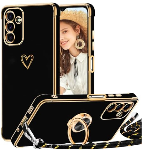 TVVTPU Handyband für Samsung Galaxy A14 4G / A14 5G Hülle mit Band, Herz Muster Handyhülle mit Ring Ständer Stoßfeste Kratzfest Outdoor Schutzhülle Case mit Kordel zum Umhängen (Abnehmbar), Schwarz
