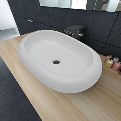 Gecheer Keramik Waschtisch Waschbecken Keramikbecken Waschschale Aufsatzwaschbecken Waschtisch Waschplatz Handwaschbecken Aufsatz-Waschschale, für Badzimmer Waschzimmer, Oval Weiß 63 x 42 cm