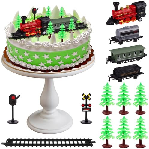 13 Pack Train Themed Cake Toppers Stand Up Train Pull-back Model Mini Train Toy Traffic Track Railway Lights Cake Decor with Green Tree Vintage Steam Engine Train Mix 8-12 Circle Cake Decorations