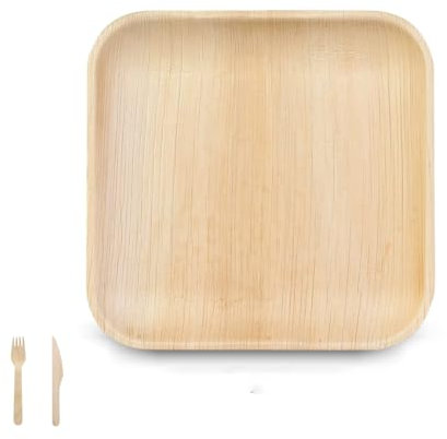 Hidden Forest 25pc 8 Biodegradable Square Areca Palm Leaf Plates and Wooden Cutlery Set