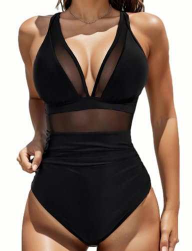 JTSONN Bañador de Una Pieza Mujer Reductores Vientre Plano Traje De Baño De Malla Cuello en V Sexy Bañadores Push Up Acolchado Ropa de Baño Swimsuit