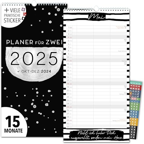 Paarplaner 2025 3 Spalten SCHWARZ-WEIß Planer für Zwei 2025 und Okt-Dez 2024 Partnerkalender 16x32,5cm Paarkalender f. Paare 2025 Wandplaner 2 Personen STICKER Recycling Urlaub, Pflanzkalender s/w