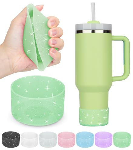 PICcircuit Silicone Boot for Stanley Cup 20-40oz & Hydroflask 12-24oz, Glitter Bottom Protector Tumbler Accessory, Green (2PCS)