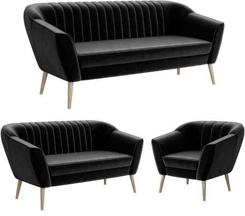 MEBLINI Mini Sofa Set 3-2-1 für Wohnzimmer - Mini Lounge für sechs Personen - Küchensofa - Sofa Klein - Sitzgarnitur - Polstergarnitur - Sofagarnituren - KAIA - 3+2+1 - Schwarz Samt