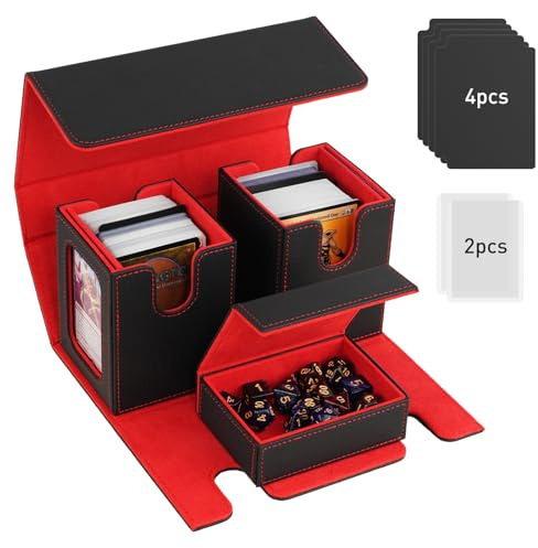 TiMOVO Caja de Cartas para MTG, Soporte Mazo de Cartas para 200+ Cartas de Doble Funda, Deck Box con 2 Expositores & 4 Divisores & Bandeja de Dados para YuGiOh, TCG, CCG Cartas Mágicas, Negro&Rojo