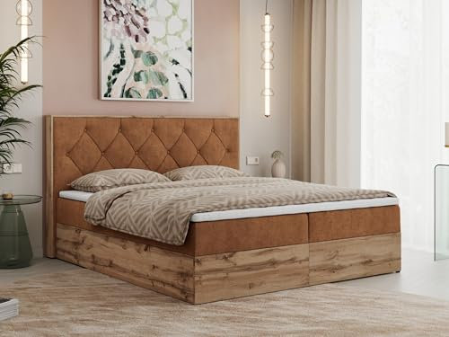 MKS MEBLE Boxspringbett 140x200 cm mit Bettkasten Wotan Eiche, Doppelbett mit Kopfteil, Matratze H4 mit Topper T25, Matratzenaufbau, Polsterbett mit Stauraum - Orange Strukture - Veneto