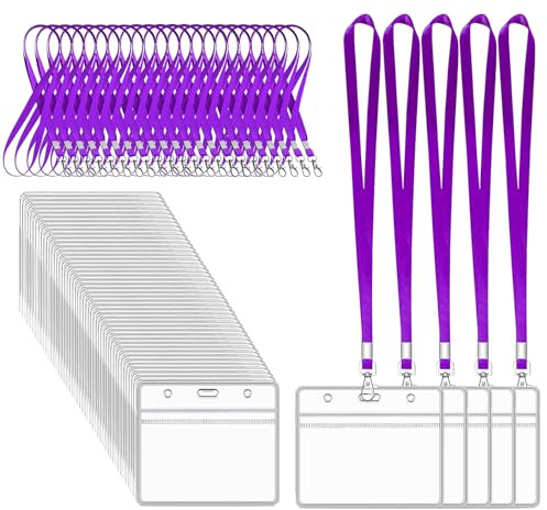 XHDA 50Pcs Purple Lanyards for Neck with Clear Card Holders | Nylon Lanyards, PVC Ziplock Card Holders, 45 cm Neck Length, Fits 90 x 60 mm Cards, for Offices, Schools and ID Cards
