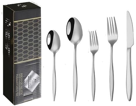 CVNIMV Besteckset, 20-teilig, Messer und Gabel aus Edelstahl, Löffelspitze und -Schwanz, verdicktes Steakmesser und -Gabel, Hotelgeschirrset, Dessertlöffel und -Gabel