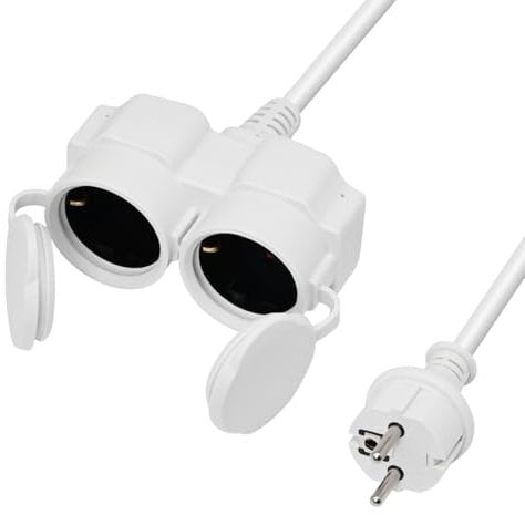 XUANSHI Verlängerungskabel Outdoor 1,4m mit 2 Schuko-Steckdosen, Doppel-Verlängerung Stromkabel IP44 für den Außenbereich, 3G 1,5 mm² Gummi-Kabel außen - 2 Fach Verteiler mit Schutzkappe 3500W - weiß