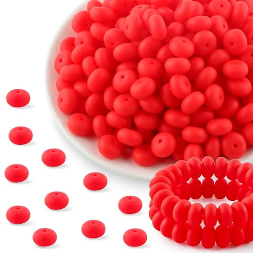Kovict 200Pcs 14mm Silicone Beads, Silicone Lentil Beads for Necklace Bracelet Making, Silicone Spacer Beads for Keychain Making and Abacus Silicone Beads for Pens Craft(Scarlet red)