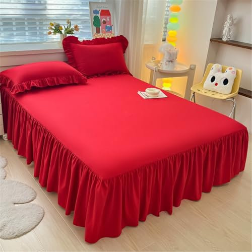 Highdi Jupe de lit à Volants Microfibre Couvre-lit Couleur Unie Coloré Doux et Antidérapant Cache Sommier avec Ourlet Élastique Drap Housse Para Single Queen King (120x200cm,Rouge)