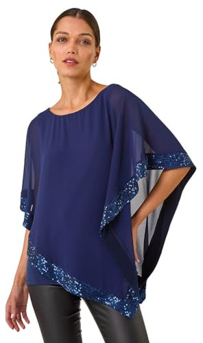 Roman Sequin Hem Overlay Stretch Top for Women UK - Ladies Autumn Everyday Winter Holiday Round Neckline Comfy Short Sleeve Soft Chiffon Cape Tunic Dinner Date Blouses - Navy - Size 12