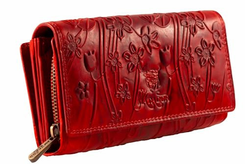 MATADOR Geldbörse Leder Damen #LISSABON mit edler Geschenkbox, Elegante Geldbörse Damen Rot mit RFID Blocker, Luxus Brieftasche Groß mit vielen Kartenfächern, Blumen Rot