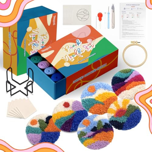 yuegool 6-teiliges Punch-Needle-Untersetzer-Set – Einfaches DIY-Stickset für Anfänger, Kinder & Erwachsene mit Motiven, Garn, Stickrahmen, Anleitung & Halter