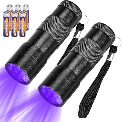 JACMKEON 2 Pack UV Torch Mini UV Light Ultraviolet Flashlight with 12 LEDs Blacklight Detector for Pet Urine Anti-Counterfeit Detection 6 AAA Batteries Included