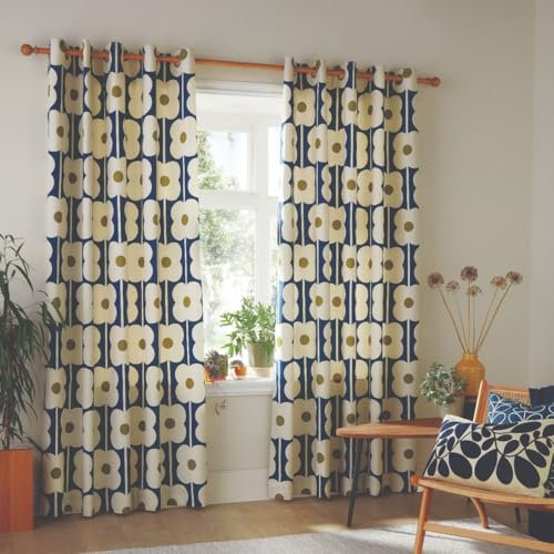 Orla Kiely Vorhänge mit Ösen, gefüttert, 100 % Baumwolle, 1 Paar, Abakus-Blumen, 168 x 229 cm, Marineblau