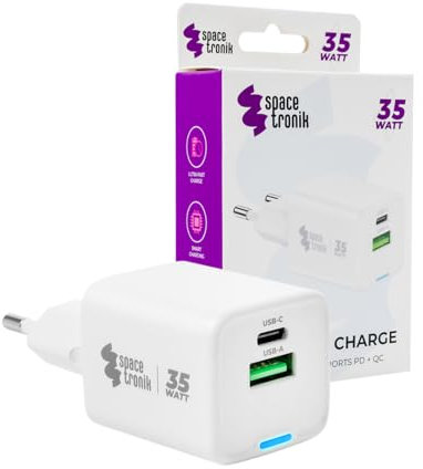 Spacetronik USB C Ladegerät 35W Schnellladegerät PD 3.0 Netzteil mit USB-C & USB-A für iPhone 16/15/14 Pro Max, iPad, MacBook Air, Samsung S24/S23, Pixel 8/7, Tablet & mehr
