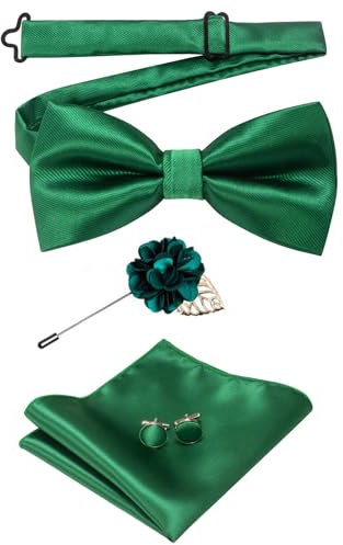 AMBEERT Green Bow Tie, Men's Bow Tie, Green Tie and Pocket Square, Adjustable Bowtie for Men with Pocket Square Lapel Pin Cufflinks Pre-Tied Bowtie Set for Wedding Party Prom