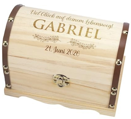 Herz & Heim® Personalisierbare Schatztruhe aus Holz mit Gravur – Geschenkbox mit Wunschtext – 3 Größen – Truhe für Geldgeschenke, Erinnerungen & mehr (L)