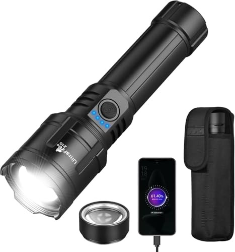 UltraFire 1500 LumenWiederaufladbare Taschenlampe mit Zündlinse, Zoomable Taktische Taschenlampe mit Holster, 3 Modi Fokus Einstellbare Zündobjektiv für Outdoor Camping Notfall, Reverse Charging