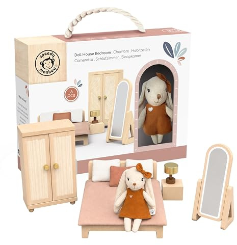 Speedy Monkey Doll House Bedroom Playset with Bunny, Wooden, Toddler Gift | Wooden playhouse with bunny character and furniture set, pretend play dollhouse for toddlers and preschoolers