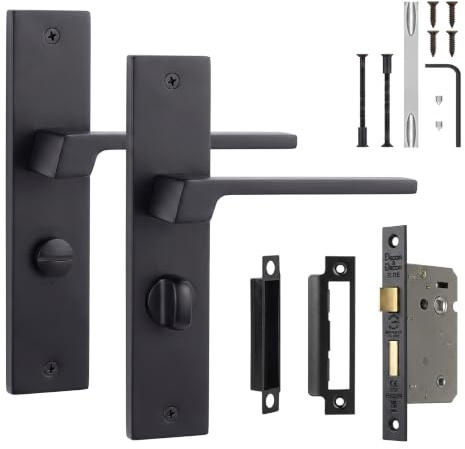 Decoranddecor Spectra Matt Black Bathroom Door Handles with Lock Kit | Bathroom Lock & Thumb Turn Included, 64mm Fire Rated, Ready to Fit, Interior Door Handles, 200x45mm Plate