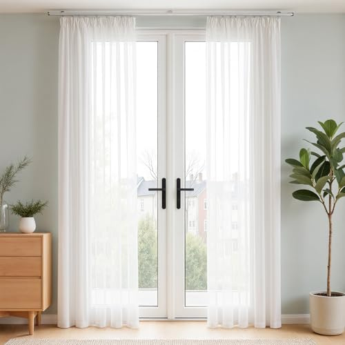 Vangao Gardinen mit Kräuselband Voile Boho 2er Set H225xB140cm Modern, Weiß | Gardinen für Schienensystem, Vorhänge Weiss Halbtransparent Lichtdurchlässig, Wohnzimmer Schlafzimmer Fenster, 225cm lang