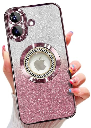 Misscase für iPhone 17 Hülle, kompatibel mit MagSafe, mit Kameraschutz, Glitzer TPU Handyhülle Stoßfest Kratzfest, Niedliche Phone Case für Frauen und Mädchen Rosa