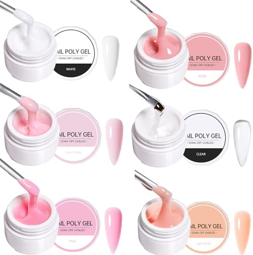 Builder Gel Set Nail Extension Kit, Nail Poly Gel Extension Kit, UV/LED Soak-Off Builder Gel, 6 Colours Set, Clear White Pink Nude Shades