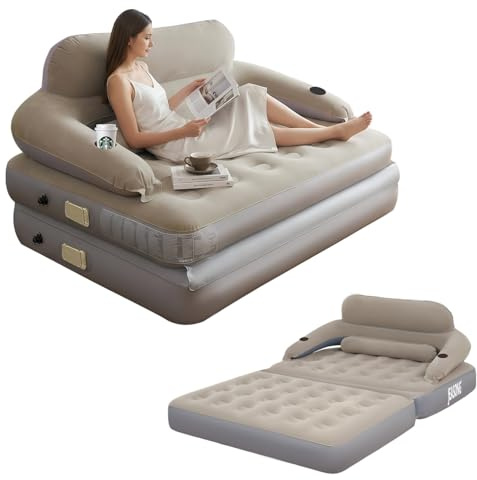 JEASONG Blow Up Mattress Inflatable Sofa Bed with Built in Pump, King Size Airbed, 2-in-1 Inflatable Mattress & Blow Up Sofa, Air Bed Self Inflating Mattress for Guests Camping, 203 x 152 x 23cm Beige