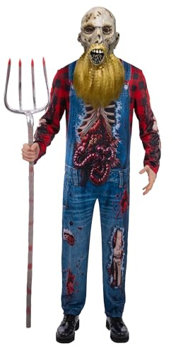 Smiffys Hillbilly Zombie Costume for Adults, Scary Halloween Fancy Dress with Distressed Jumpsuit Printed with Gore and Plaid Effect, Rotting Mask for Undead Horror Parties Creepy Dress Up
