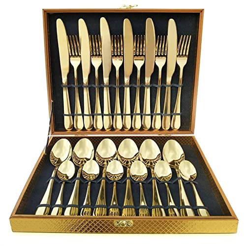 Elegant Tableware, 24-Piece Stainless Steel Silverware Set with Box - Cutlery for 6, Includes Knife, Fork, Spoon, and TSP Serving Mirror Finish and Smooth Edges