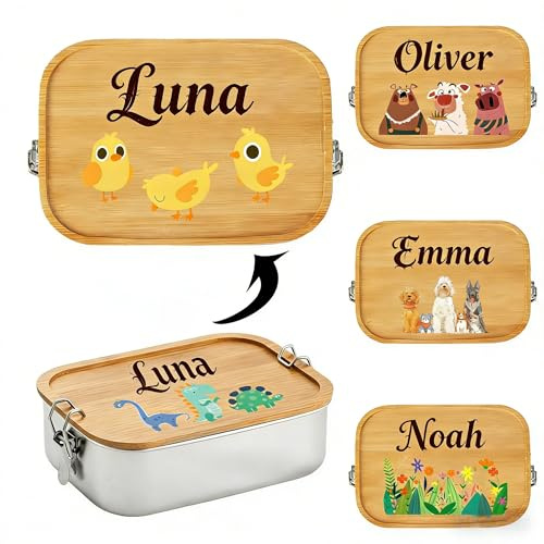 Personalisierte 1200ml Edelstahl-Lunchbox mit Bambusdeckel, Fachierte Bento Box für Kinder, Individuelles Design mit Namen & Tieren, Wiederverwendbar & Umweltfreundlich, Geschenk für Schule & Picknick