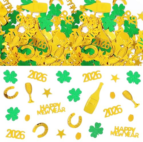 Silvester Deko 2026 Happy New Year Konfetti, Streudeko Hufeisen Kleeblatt Konfetti Tischdeko, Glücksbringer Silvester 2026 Neujahr Party Confetti, Gold Grün Glitzer Silvesterdeko, Neujahr Dekoration