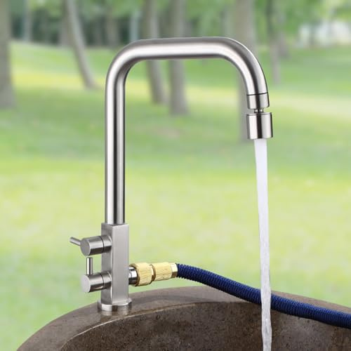 XSDSM Grifo Fregadero Exterior Solo Agua Fria Grifo Lavadora Doble Salida 1/2 Pulgada con Dos Modos De Agua,Cepillado