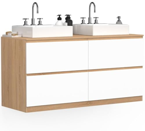 IDMarket - Meuble Double Vasque Suspendu Salle de Bain TOMI 120 cm 4 tiroirs façon hêtre et Blanc